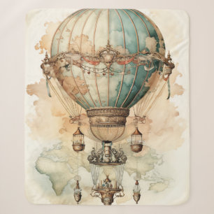 Antique Blue Airship World Map Explorer Sherpa Blanket