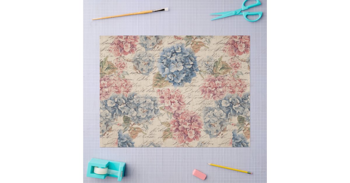 Empherma Script Paper Antique Blue and Pink Hydrangea Ephemera Script Tissue Paper | Zazzle