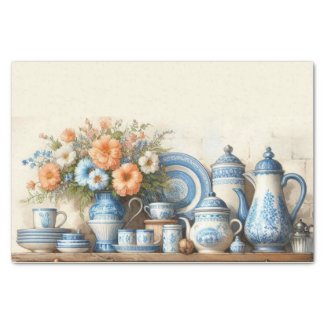 Antique Blue and White Dishes Coffee Pot on Shelf 