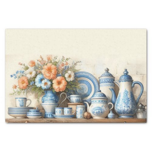 Antique Blue and White Dishes Coffee Pot on Shelf  Tissue Paper