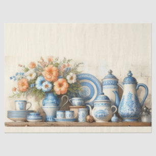 Antique Blue and White Dishes Coffee Pot on Shelf Tissue Paper