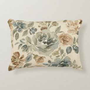 Antique Blue Brown Sage Beige Watercolor Floral Accent Pillow