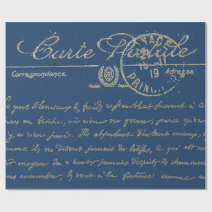 Antique Blue Carte Postale French Script Wrapping Paper