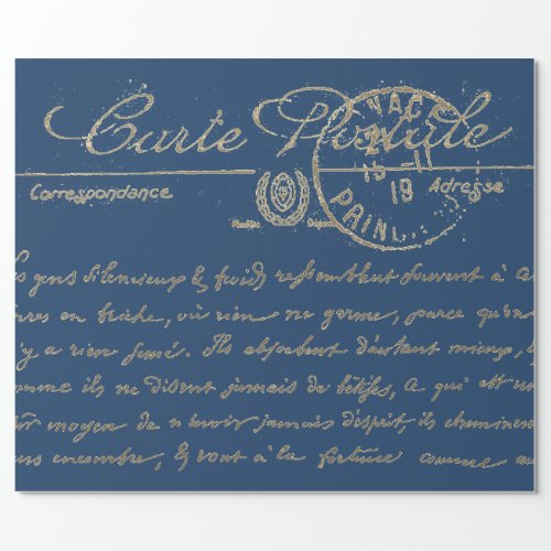 Antique Blue Carte Postale French Script Wrapping Paper