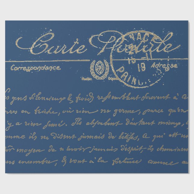Antique Blue Carte Postale French Script Wrapping Paper (Flat)