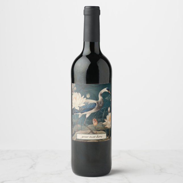 Antique Blue Crane Botanical Custom Wine Label (Front)