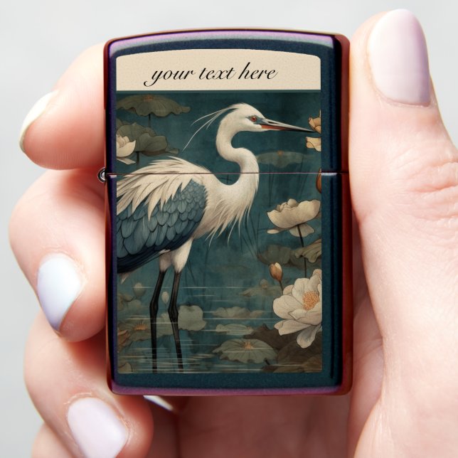 Antique Blue Crane Fine Art Custom Zippo Lighter (In Hand)