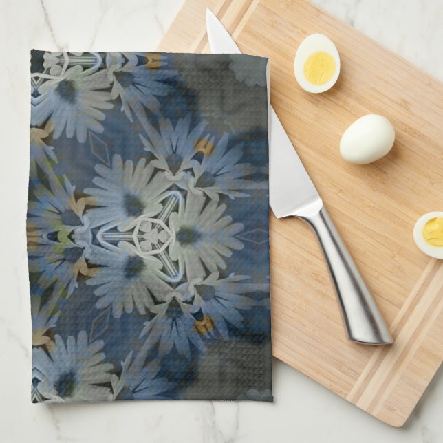 Antique Blue Daisy Floral Kitchen Towel (Quarter Fold)