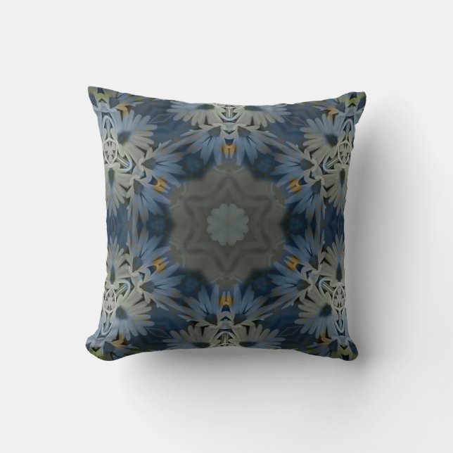 Antique Blue Daisy Floral Throw Pillow (Front)