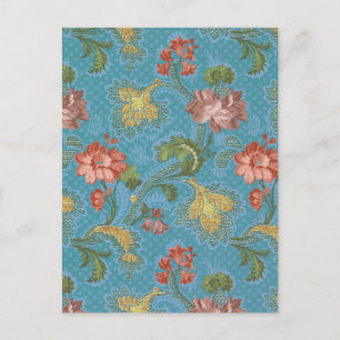 Antique Blue Damask Floral Gold Brocade Design Postcard