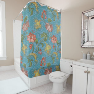 Antique Blue Damask Floral Gold Brocade Design Shower Curtain
