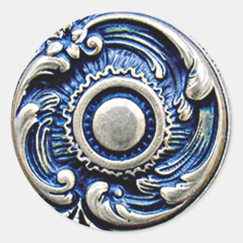 Antique Blue Faux Silver Round Floral Art Pattern Classic Round Sticker