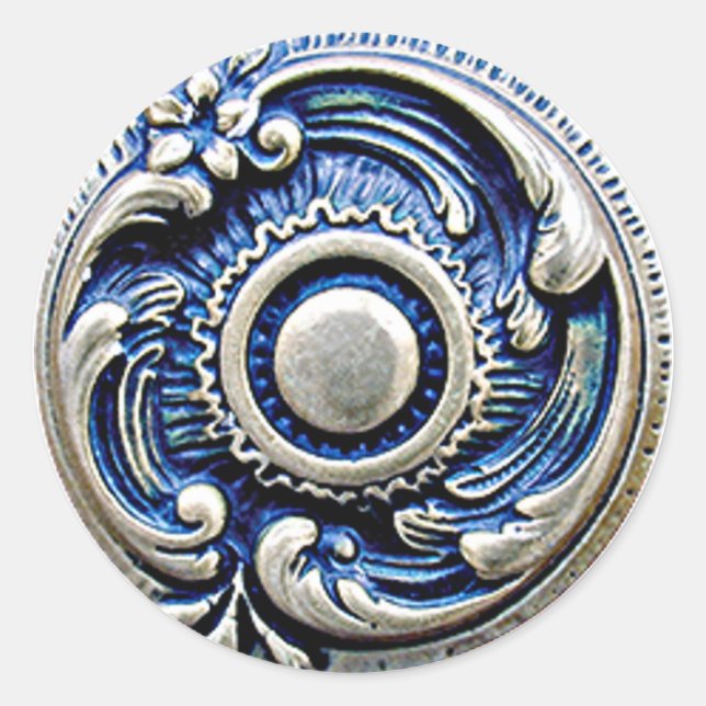 Antique Blue Faux Silver Round Floral Art Pattern Classic Round Sticker (Front)