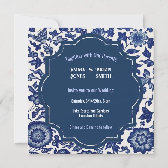 Antique Blue floral Pattern Invitation (Front)