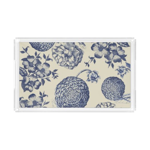 Antique Blue Flower Print Floral Acrylic Tray