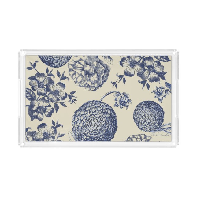 Antique Blue Flower Print Floral Acrylic Tray (Front)