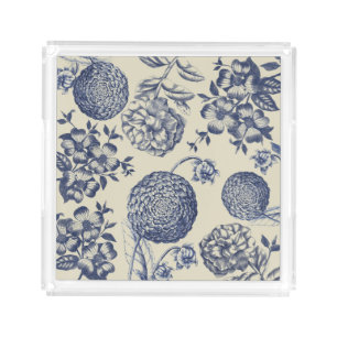 Antique Blue Flower Print Floral Acrylic Tray