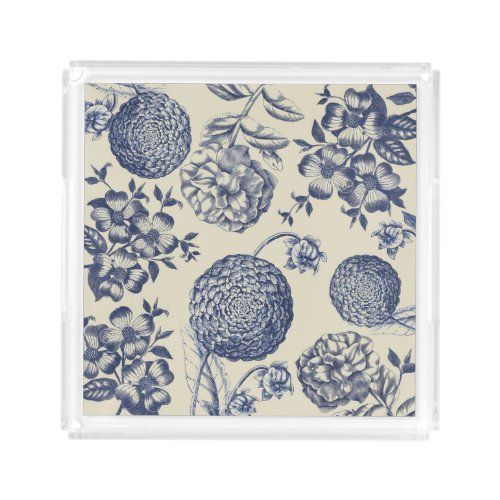 Antique Blue Flower Print Floral Acrylic Tray