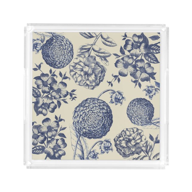 Antique Blue Flower Print Floral Acrylic Tray (Front)