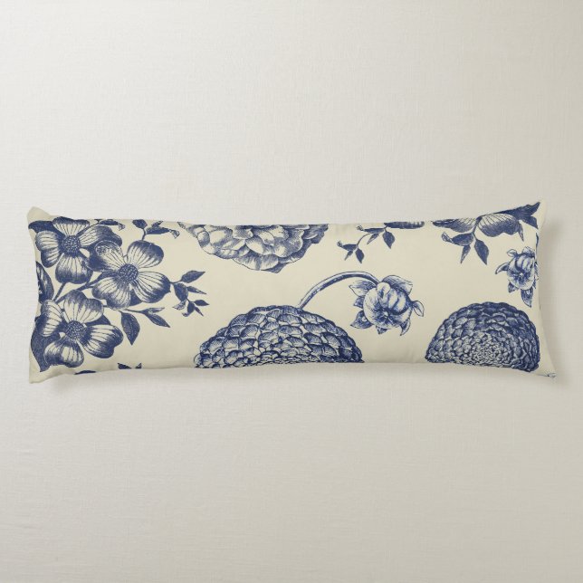 Antique Blue Flower Print Floral Body Pillow (Back)