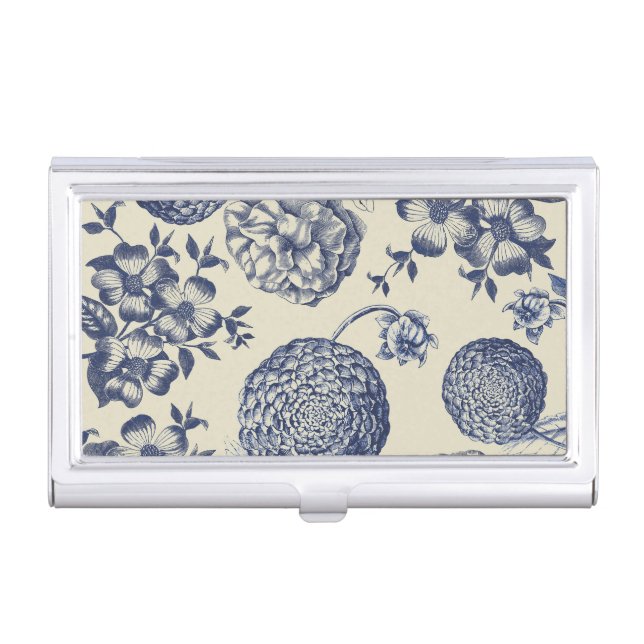 Antique Blue Flower Print Floral Business Card Case (Front)