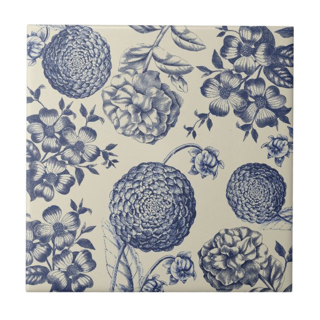 Antique Blue Flower Print Floral Ceramic Tile (Front)