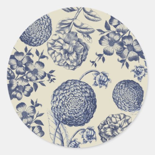 Antique Blue Flower Print Floral Classic Round Sticker