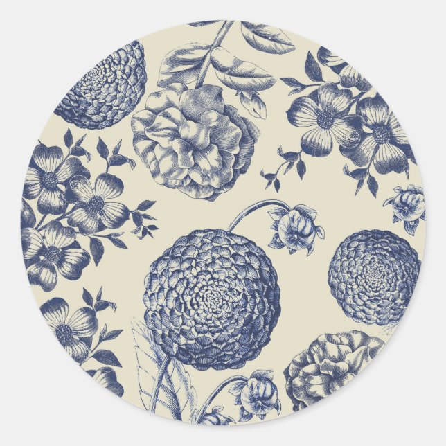 Antique Blue Flower Print Floral Classic Round Sticker (Front)