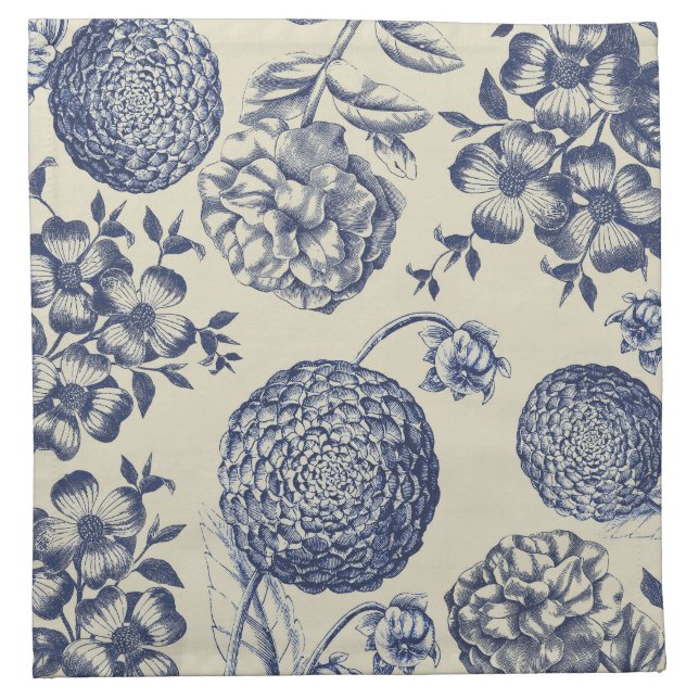 Antique Blue Flower Print Floral Cloth Napkin (Front)
