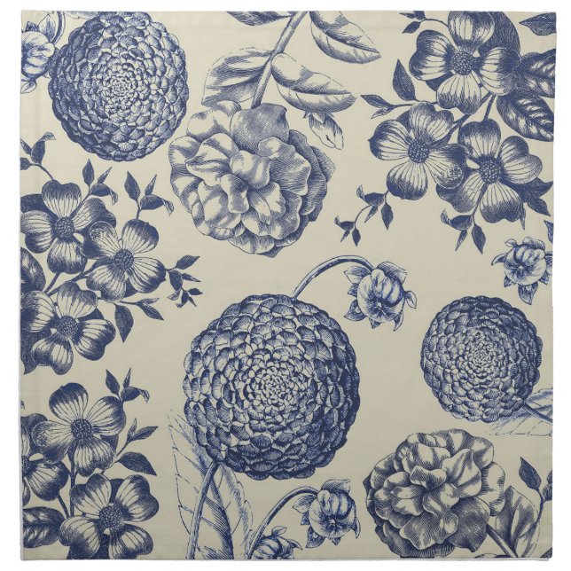 Antique Blue Flower Print Floral Cloth Napkin (Front)