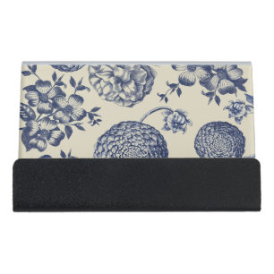 Antique Blue Flower Print Floral Desk Business Card Holder