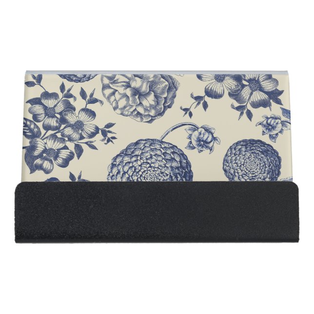 Antique Blue Flower Print Floral Desk Business Card Holder (Front)