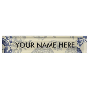 Antique Blue Flower Print Floral Desk Name Plate