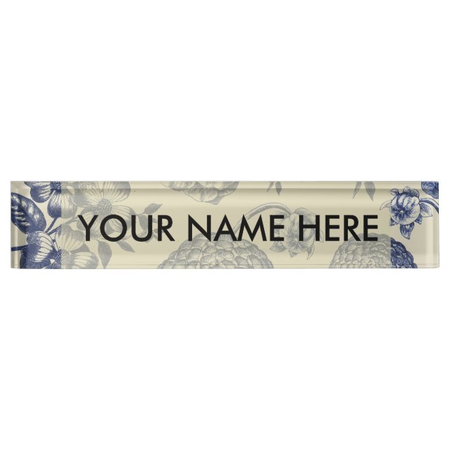 Antique Blue Flower Print Floral Desk Name Plate (Front)