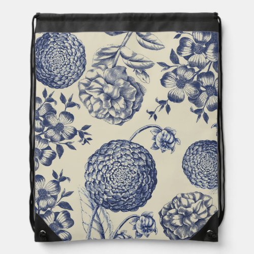 Antique Blue Flower Print Floral Drawstring Bag