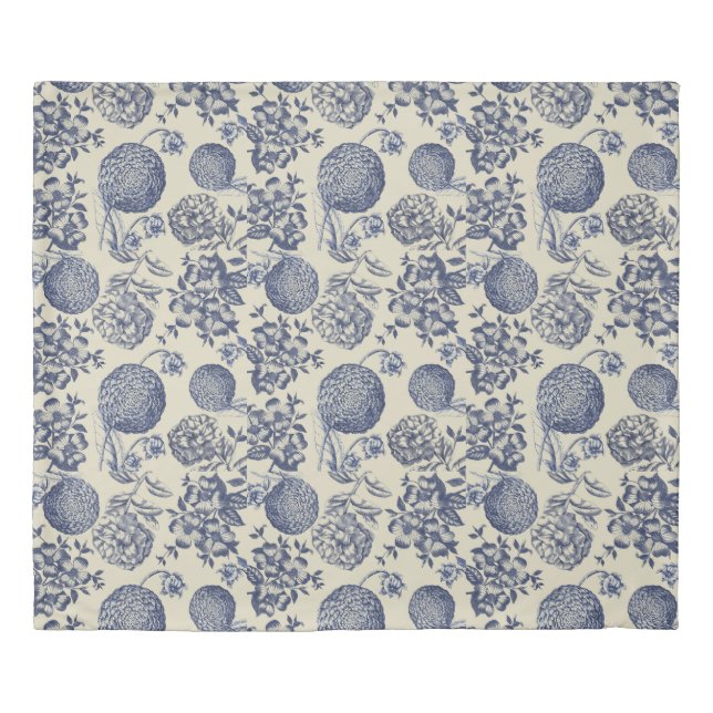 Antique Blue Flower Print Floral Duvet Cover (Front)