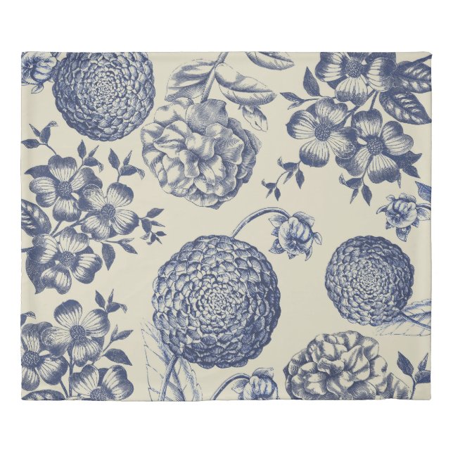 Antique Blue Flower Print Floral Duvet Cover (Front)
