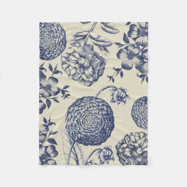 Antique Blue Flower Print Floral Fleece Blanket (Front)