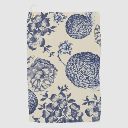 Antique Blue Flower Print Floral Golf Towel