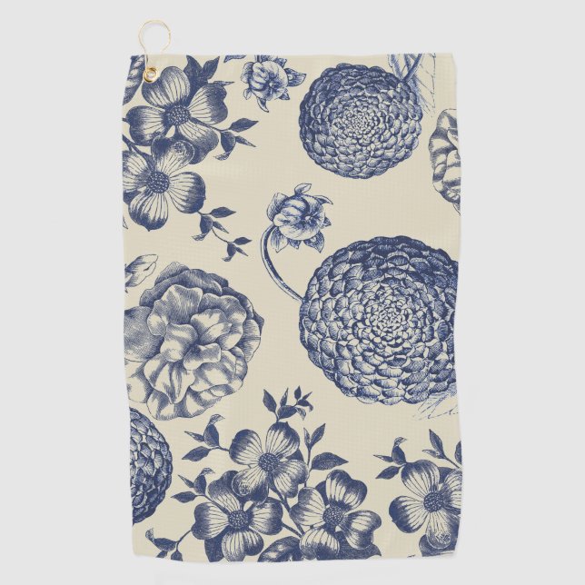 Antique Blue Flower Print Floral Golf Towel (Front)