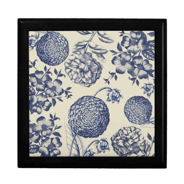 Antique Blue Flower Print Floral Jewelry Box (Front)