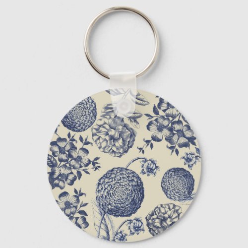 Antique Blue Flower Print Floral Keychain