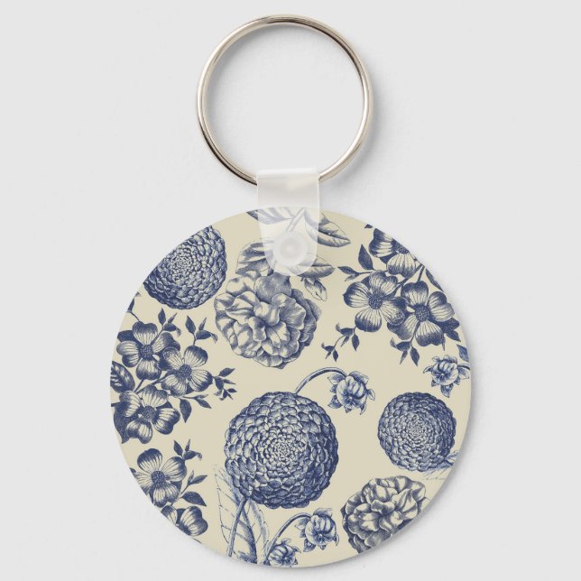 Antique Blue Flower Print Floral Keychain (Front)