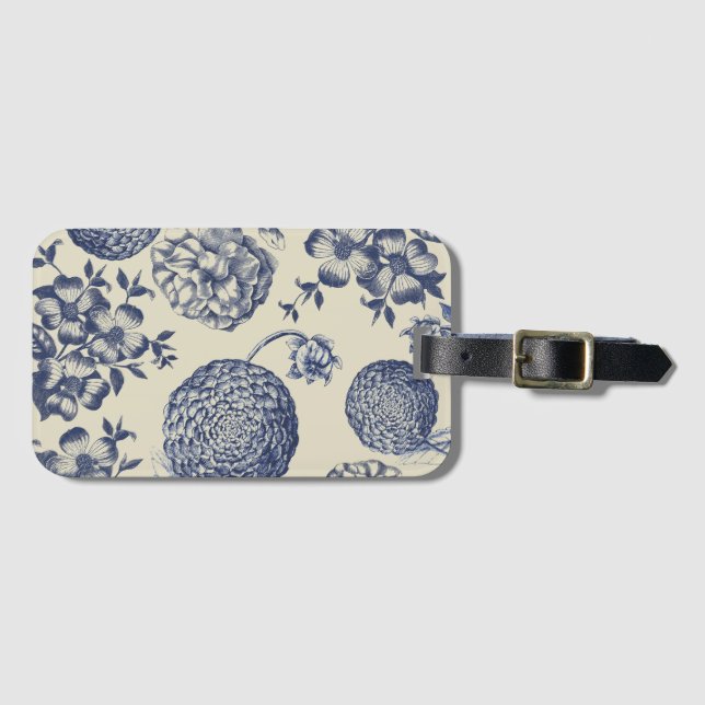Antique Blue Flower Print Floral Luggage Tag (Front Horizontal)