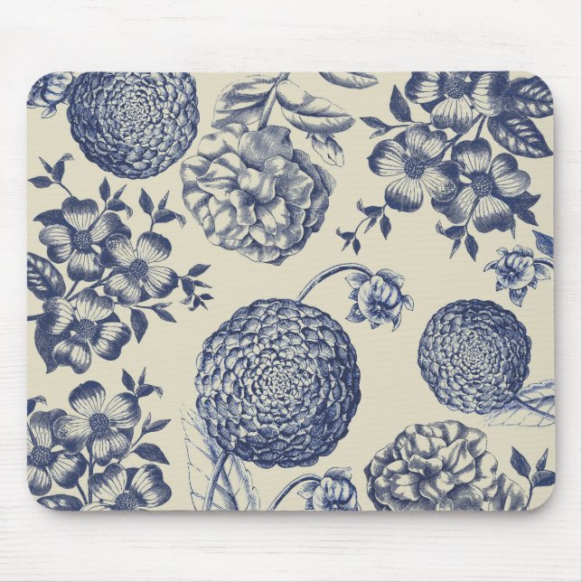 Antique Blue Flower Print Floral Mouse Pad (Front)