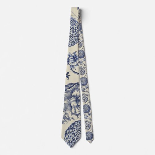 Antique Blue Flower Print Floral Neck Tie