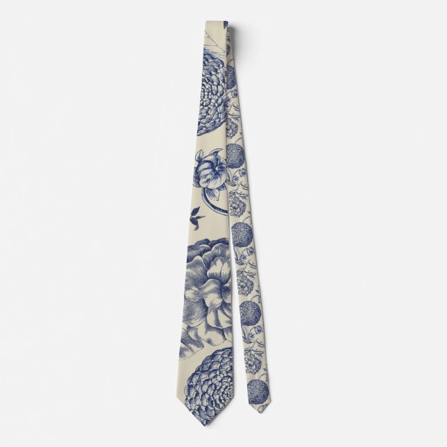 Antique Blue Flower Print Floral Neck Tie (Front)