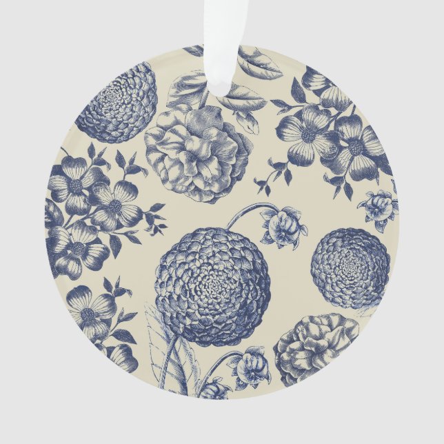 Antique Blue Flower Print Floral Ornament (Front)