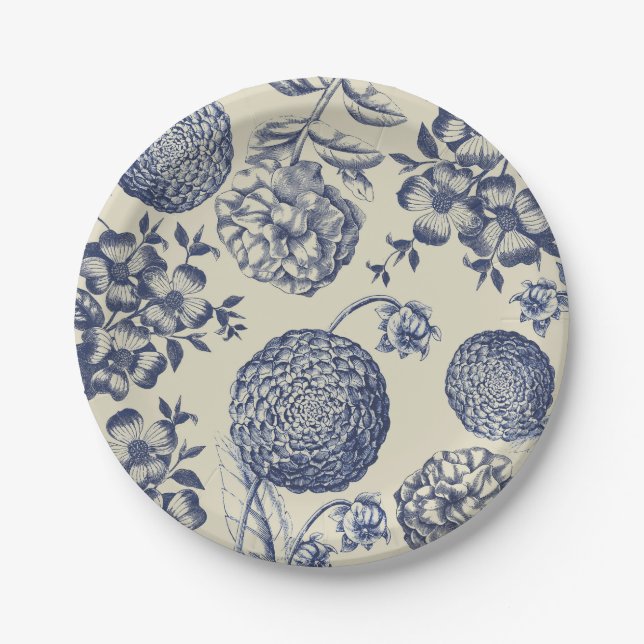Antique Blue Flower Print Floral Paper Plates (Front)