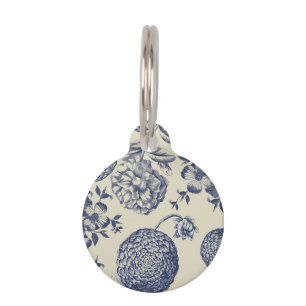 Antique Blue Flower Print Floral Pet Name Tag